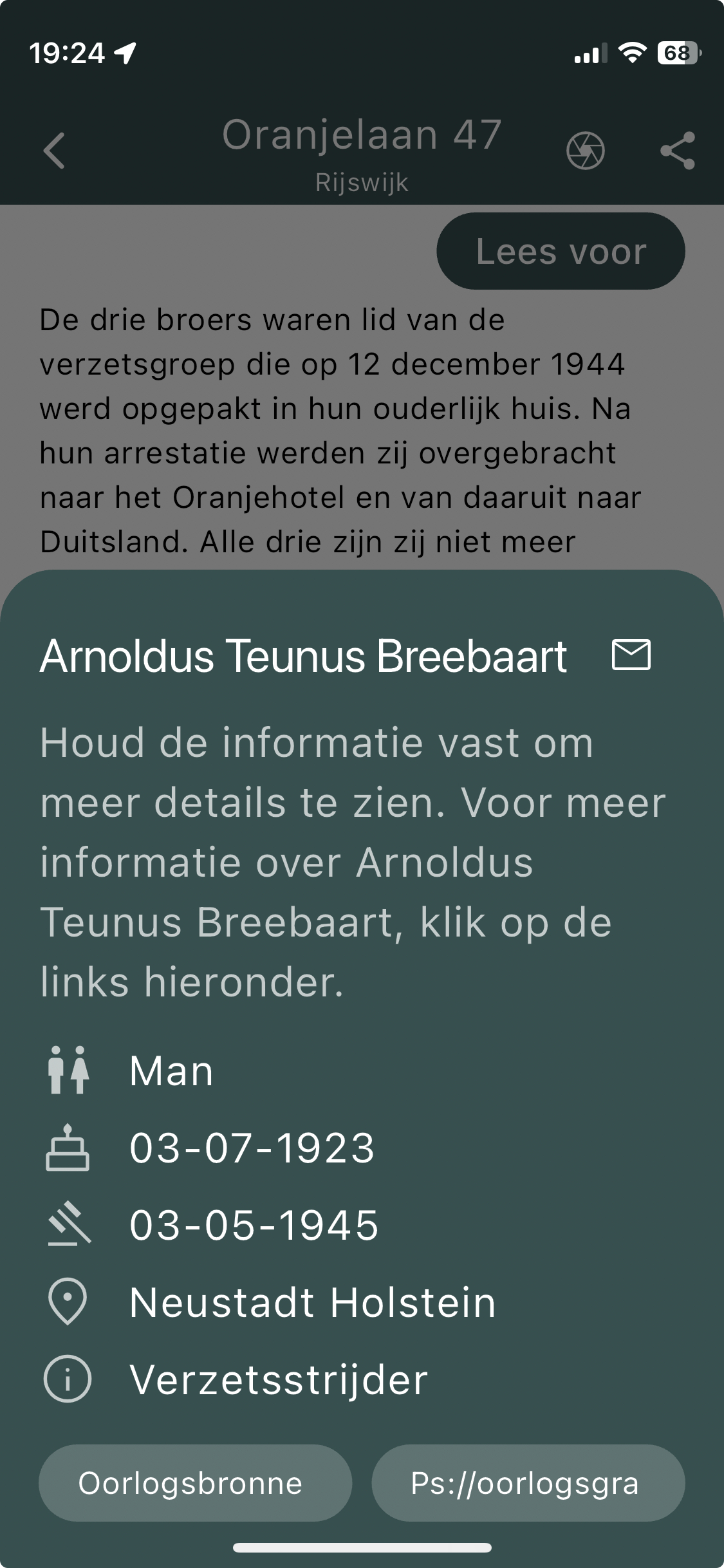 Schermafbeelding van de Stolpersteine-app