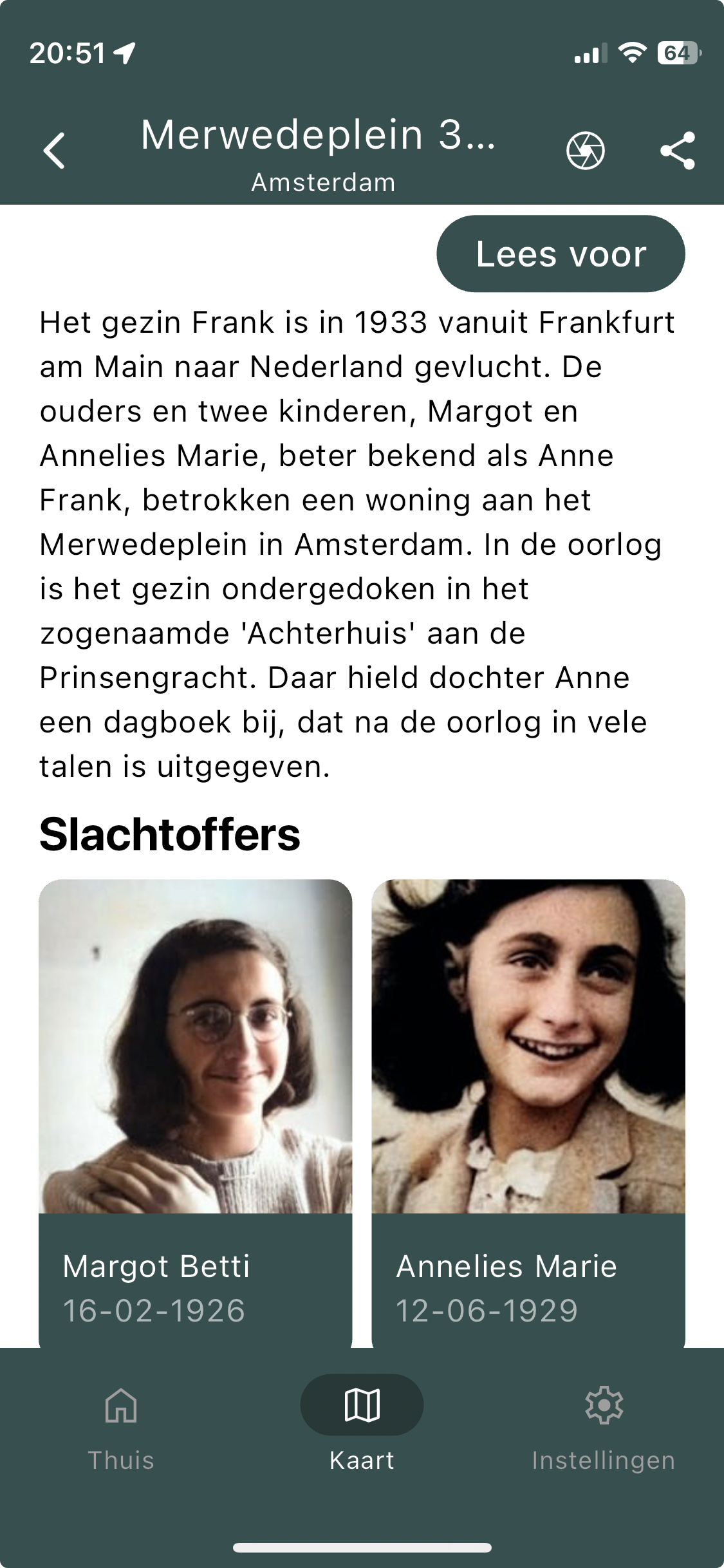 Schermafbeelding van de Stolpersteine-app