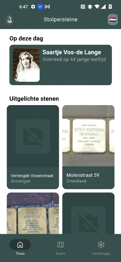 De app: startscherm met 'Op deze dag' en uitgelichte stenen